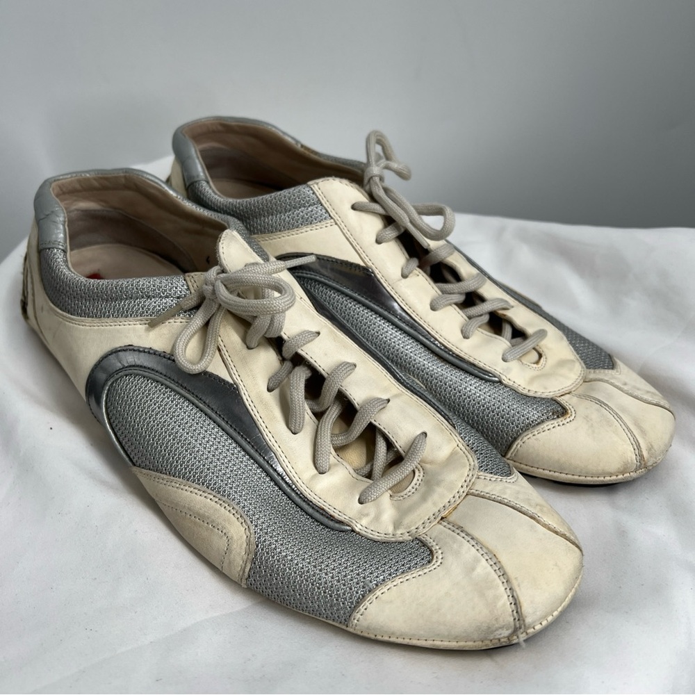 Prada Men's Lace Up Beige Silver Montecarlo Sneakers Shoes US Size 13 ~1165
